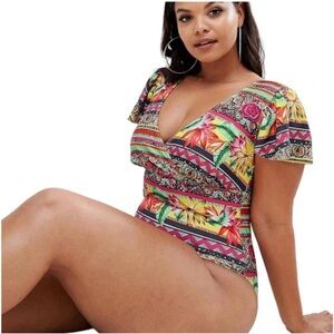 ASOS Swim Tropical Ruffle Sleeve One Piece Swimsuit – Size US 12 (UK 16 / EU 44)